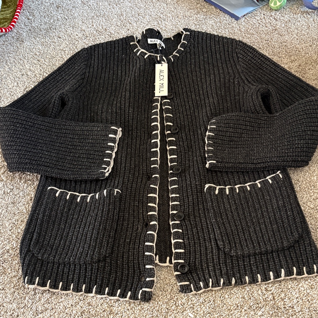 Alex Mill Charcoal Knit Cardigan With Cream Accents